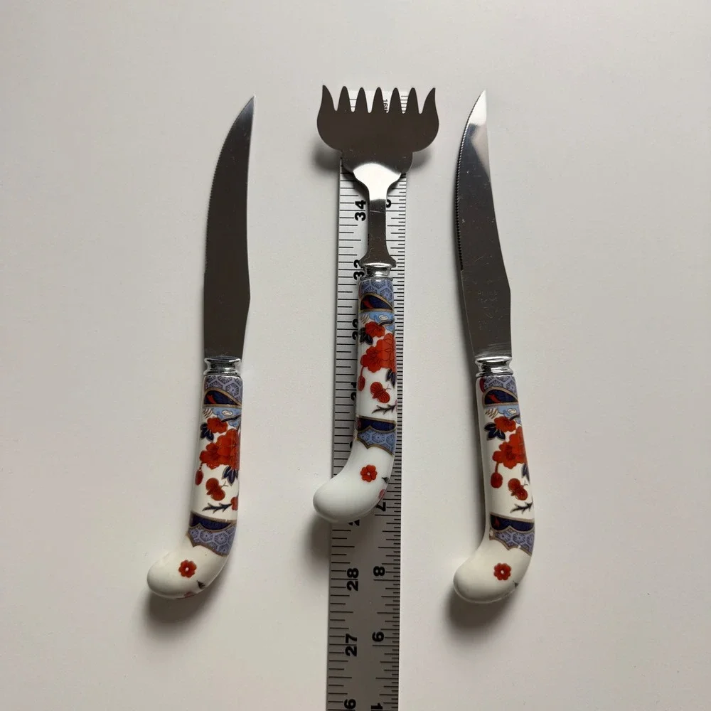 Prill Sheffield England Porcelain Handle‎ Knife Set Floral Cheese Fork 3pc